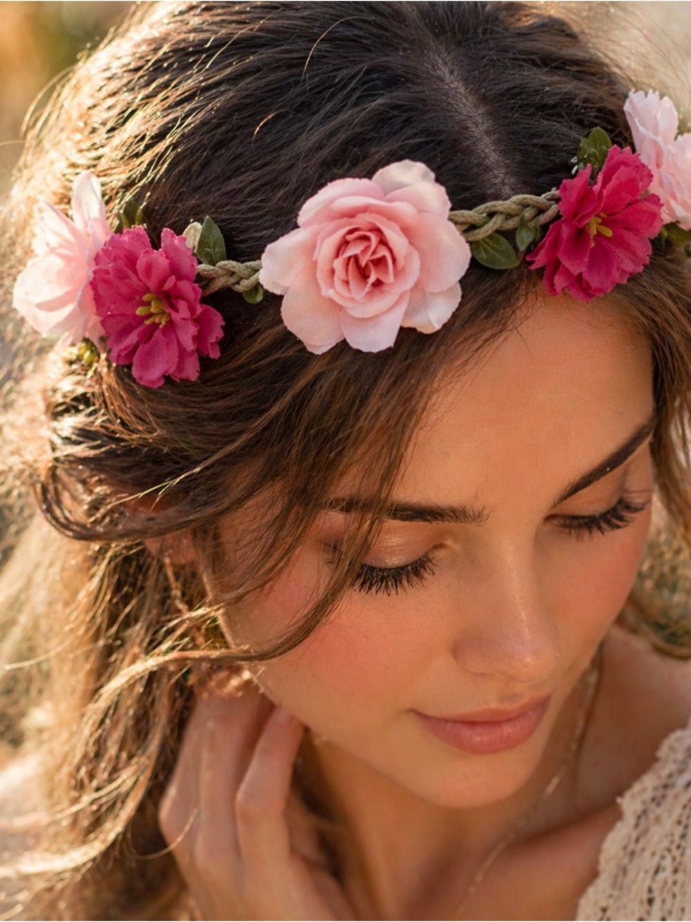 Boho Floral Crown Headband Pink Rose Romantic Bridal Garden Party